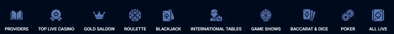 Menú de navegación de Boomerang Bet para categorÃas de juegos y proveedores.